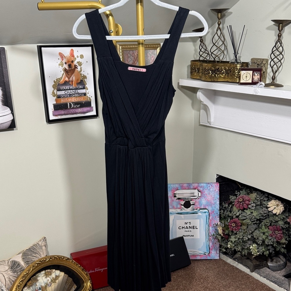 Preloved Velvet Black Sleeveless Midi Dress Ruched Bodice with Gathered Skirt